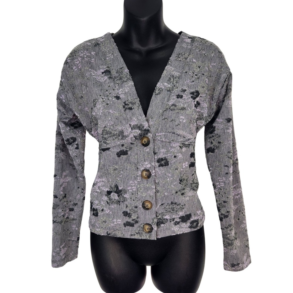 Free People Gray Cropped Textured Jacquard V-Neck Button Front Cardigan S